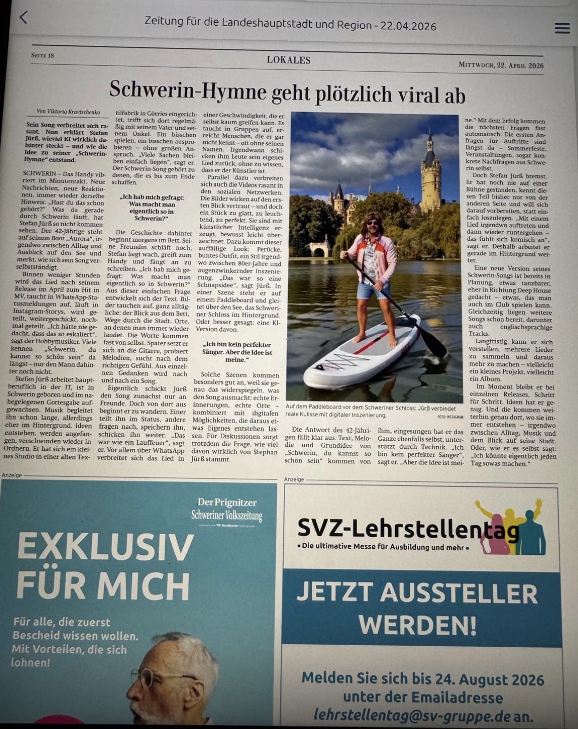 Zeitungsartikel: Schwerin-Hymne geht plötzlich viral ab